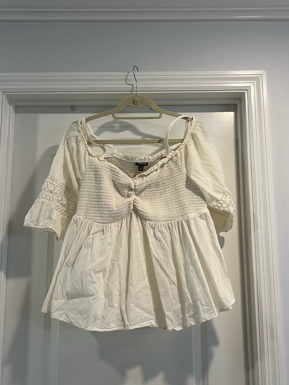 Off-Shoulder Cream Smocked Peasant Blouse